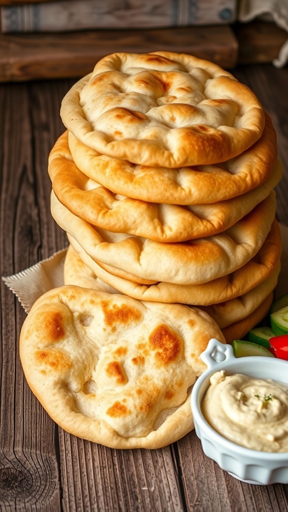 Freshly baked pita bread stacked on a wooden table with hummus and vegetables.